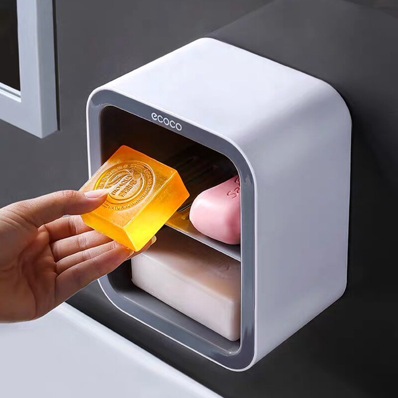 Double layer soap case suction cup free of punching wall-mounted shelve dressing room Idea drain soap box containing supplies