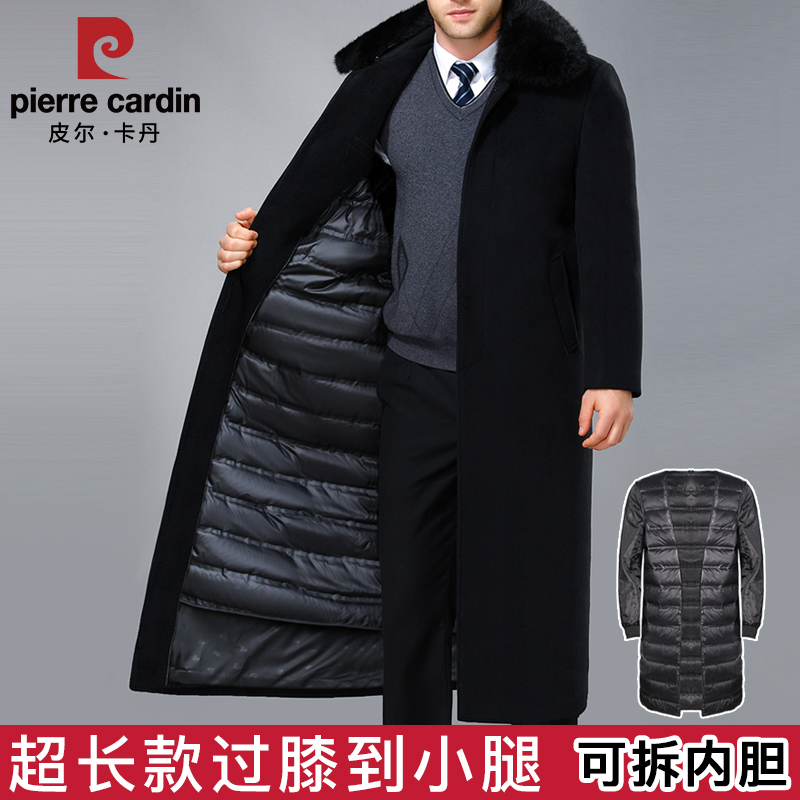 Pierre Cardin Woolen Coat for Men, Extra Long, Over-The-Knee, Thickened, Large Size down Jacket for Middle-Aged and Elderly Fathers
