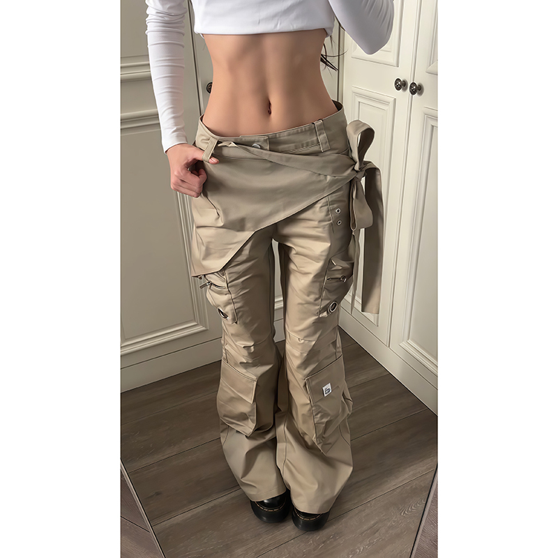 American Retro Style Spicy Girl Low-Waist Cargo Pants for Women, Summer Design with Unique Drawstring Pockets, Slim Fit Flared Pants Trendy