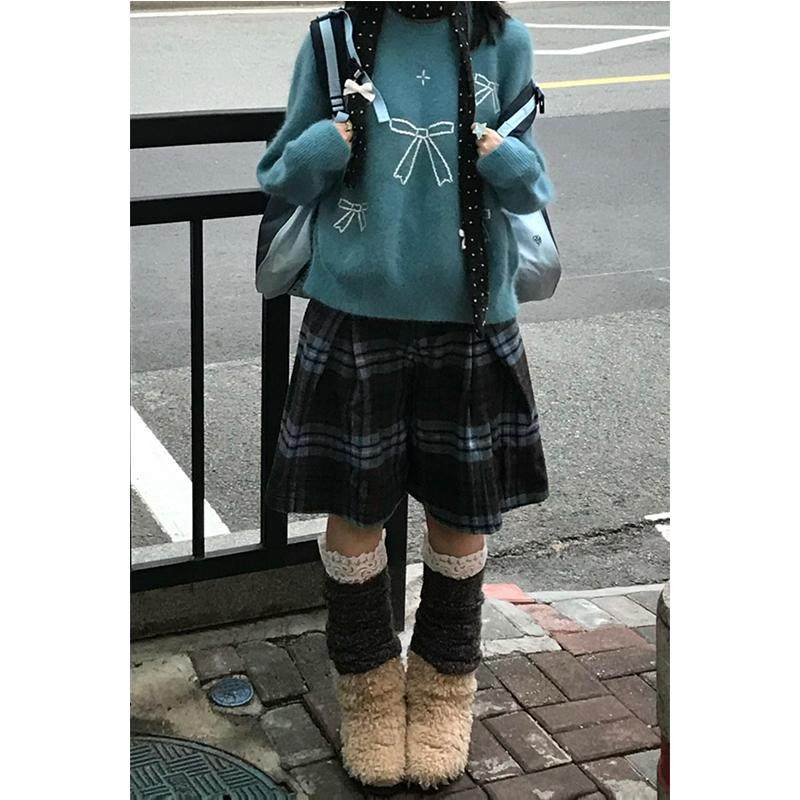 Plus-size long retro blue plaid woolen skirt, winter women's thickened pleated skirt pants plaid skirt