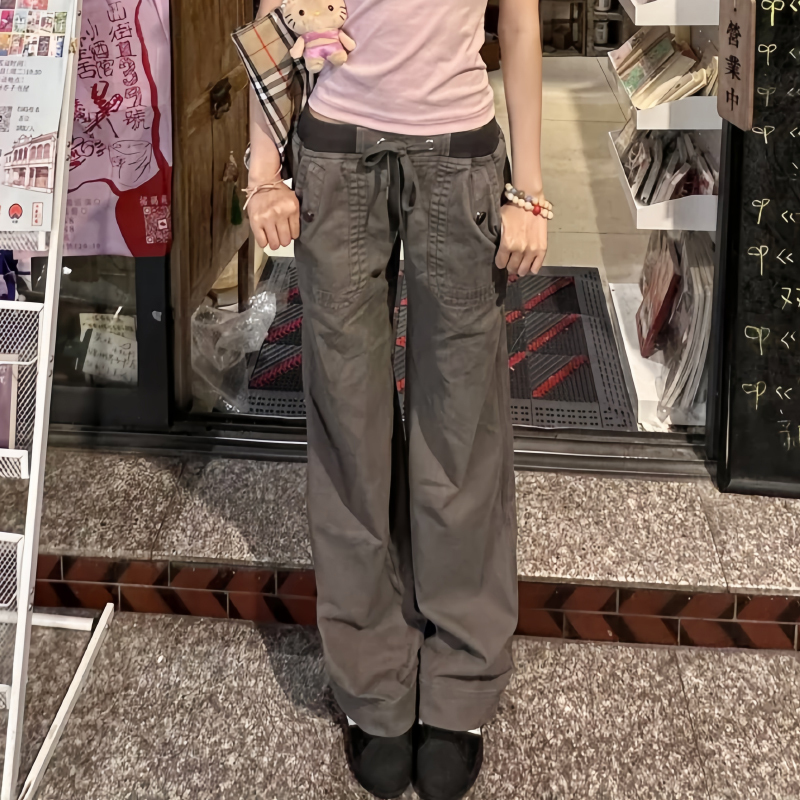 American Retro Gray Lace-Up Low-Waist Jeans for Women, Summer Niche Style, Slim Fit Straight-Leg Flared Work Pants American Retro Gray Lace-Up Low-Waist Jeans for Women, Summer Niche Style, Slim Fit Straight-Leg Flared Work Pants