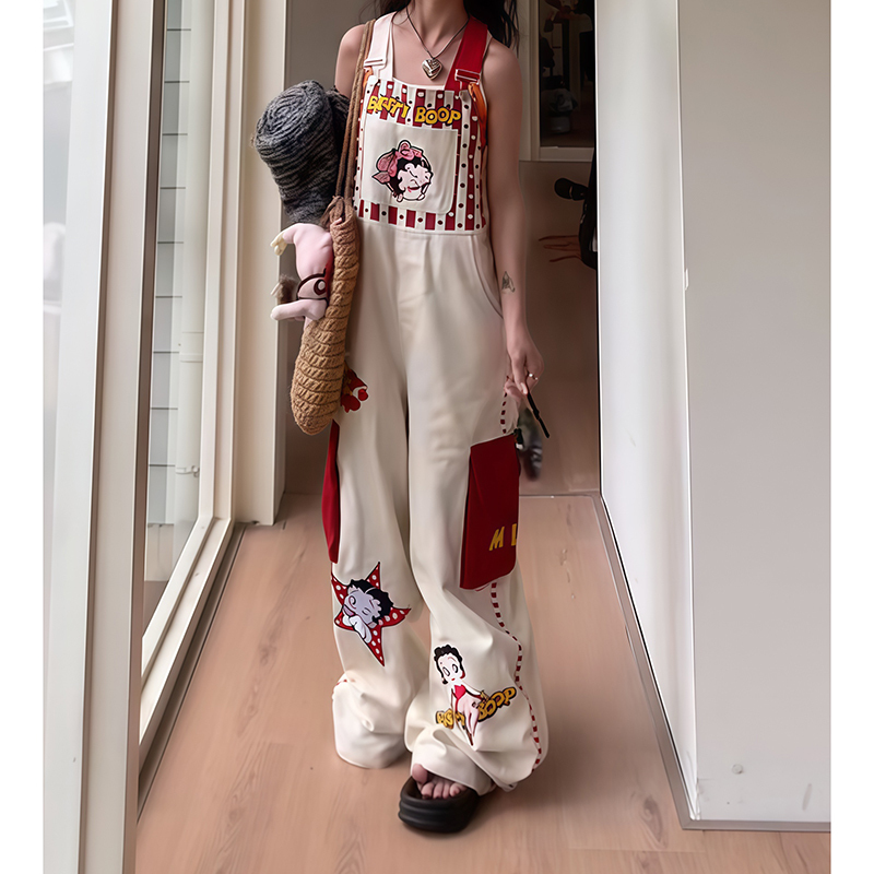 American Retro Light-Colored Cartoon Denim Overalls for Women, Summer Loose Casual Wide-Leg Printed Cute Workwear Jumpsuit