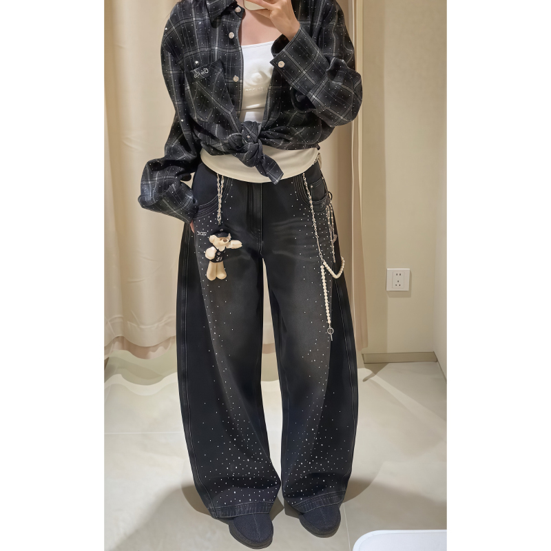 American Retro Star-Studded Rhinestone Jeans 2026 Spring and Autumn New Loose Fashion Slimming Wide-Leg Black Pants