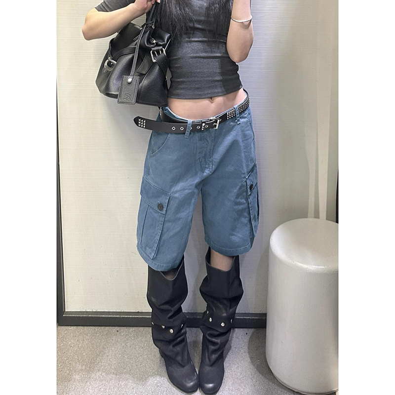 American Retro Blue Workwear Denim Cropped Pants for Women, Summer Low-Waist Loose Straight-Leg Shorts