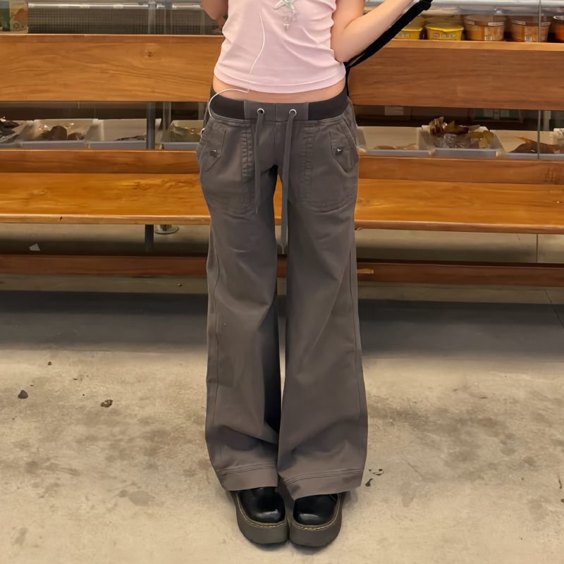 American Retro Low-Waist Jeans for Women, Summer Hot Girl Design, Multi-Pocket, Tie-Up Workwear Straight-Leg Flared Pants American Retro Low-Waist Jeans for Women, Summer Hot Girl Design, Multi-Pocket, Tie-Up Workwear Straight-Leg Flared Pants