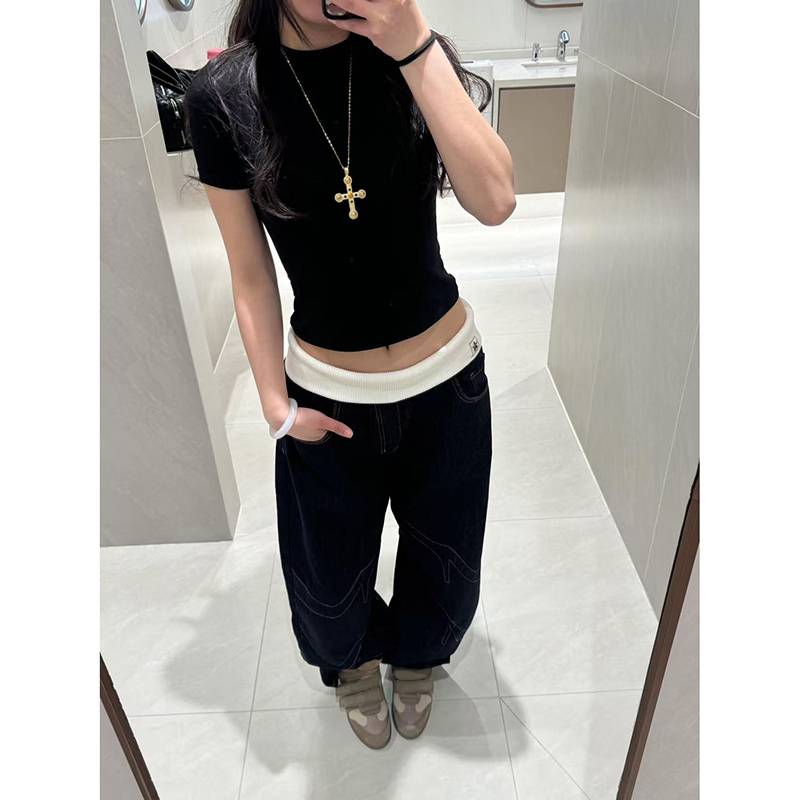 American Retro Style Cuffed Ribbed Low-Waist Jeans for Women, Summer Design, Trendy Loose Wide-Leg Printed Pants