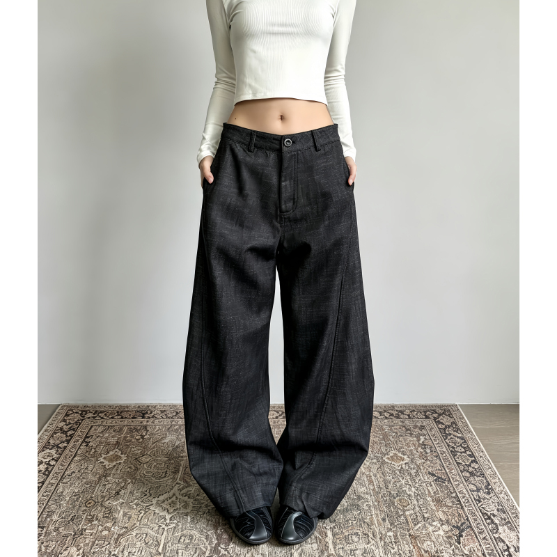 American Retro Black Low-Waist Scimitar Jeans for Women, Autumn Lazy and Relaxed Loose Wide-Leg Casual Floor-Length Pants