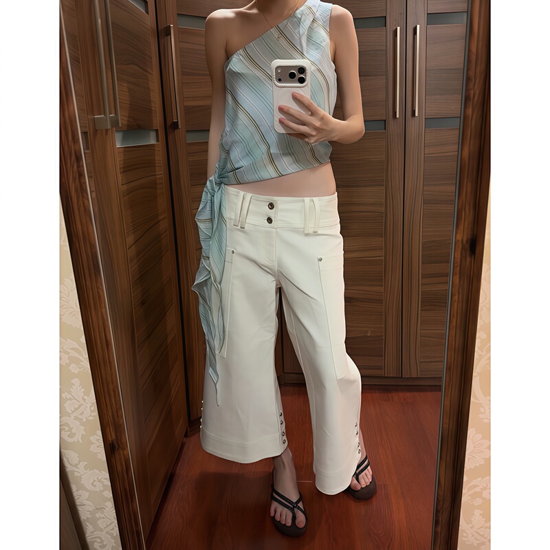 American Retro Low-Waist Vintage White Denim Cropped Pants for Women, Summer Thin Style, Stylish Straight-Leg Workwear Flared Pants