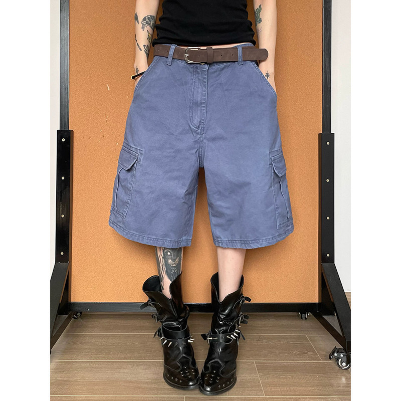 American Retro Blue Workwear Denim Capri Pants for Women, Summer Low-Waist Loose Mid-Length Straight-Leg Shorts