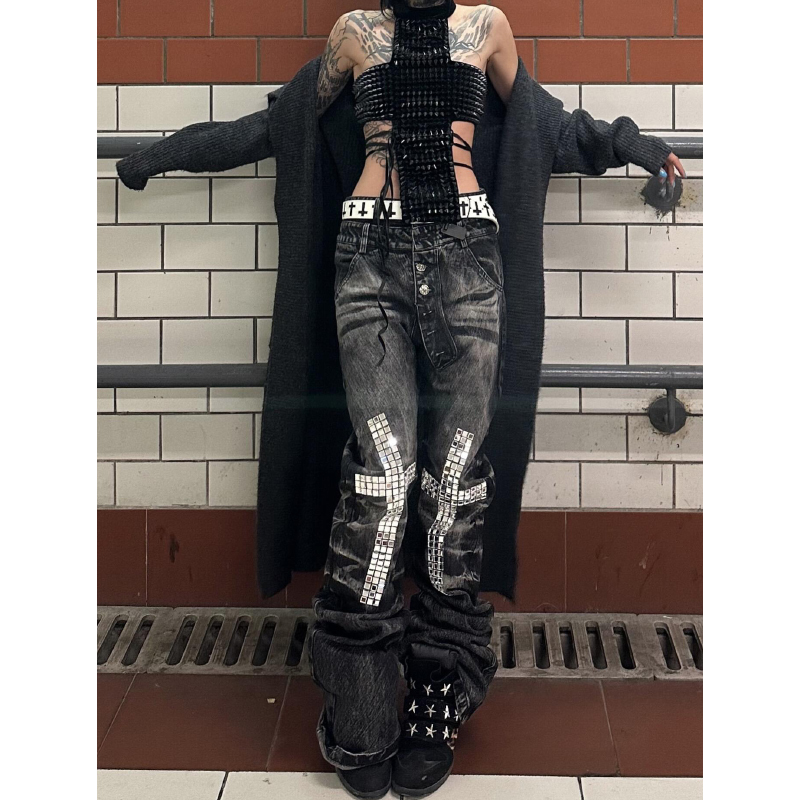 American Retro Cross-Pattern Sequin Jeans for Women 2026 Spring and Autumn New Style Pleated Double Waistband Diagonal Placket Flared Pants