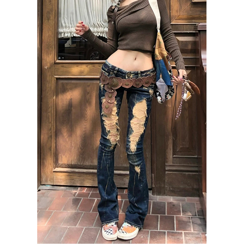 American-Style Millennial Hot Girl Low-Waist Ripped Jeans for Women, Summer Vintage Y2K Distressed Washed Skinny Flared Pants