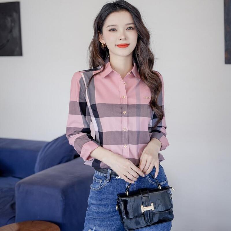 High-End Cotton Pink Plaid Long-Sleeve Shirt for Women, New Spring and Autumn Slim-Fit Stylish Collared Base Shirt