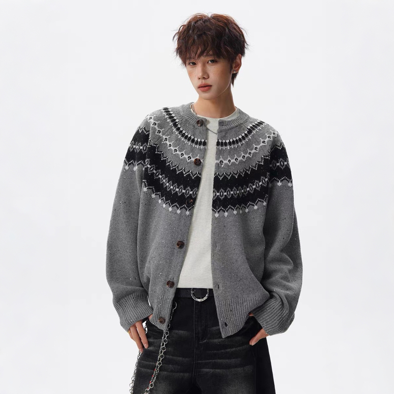 Fair Isle Jacquard Cardigan Sweater for Men, Winter Retro Lazy Style Couple's Knitwear, Cleanfit Casual Jacket