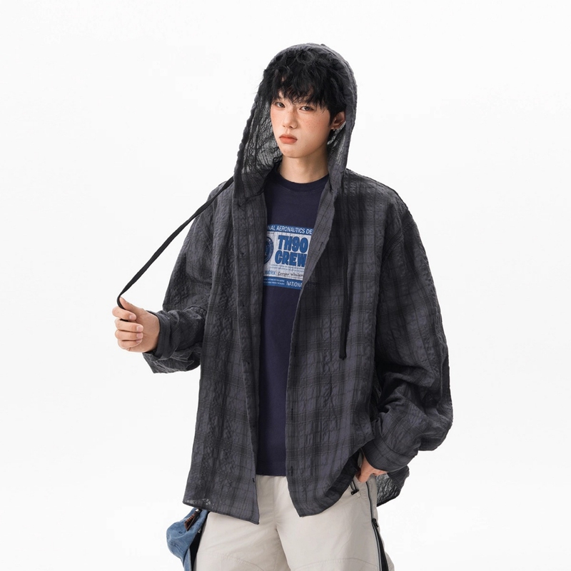 Outdoor Lightweight Sun Protection Plaid Hooded Shirt Jacket for Men and Women 2026 Summer New Loose Couple Long-Sleeved Shirt
