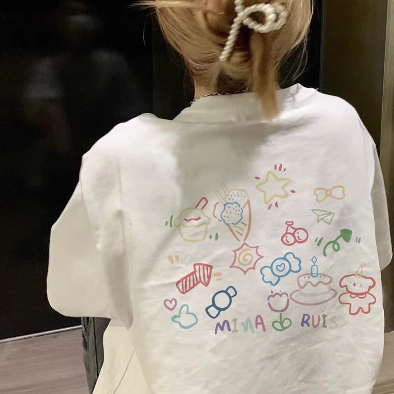 Pure Cotton White Cartoon Print Short-Sleeved T-Shirt for Women 2026 New Summer Loose Design Niche Half-Sleeve Top Pure Cotton White Cartoon Print Short-Sleeved T-Shirt for Women 2026 New Summer Loose Design Niche Half-Sleeve Top
