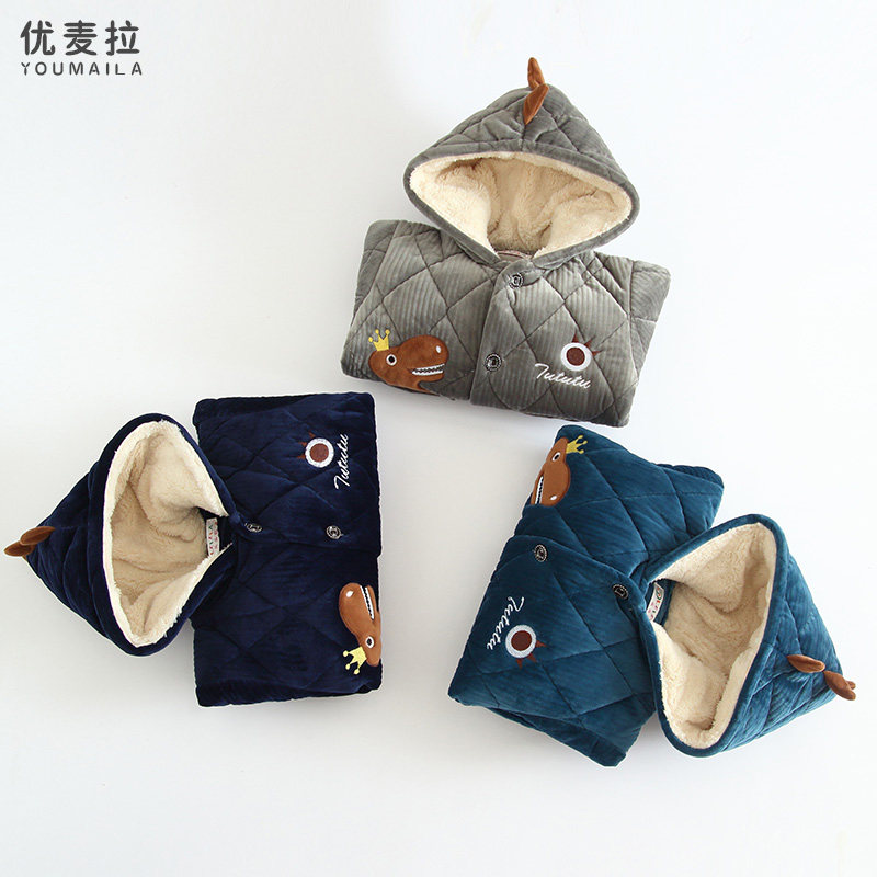 Winter children's pajamas three-layer thickened quilted hooded flannel boy coral fleece children's dinosaur home clothes