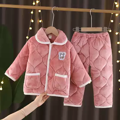 Children's pajamas winter girls 'suit flannel three-layer padded thickened baby coral velvet boys' home clothes
