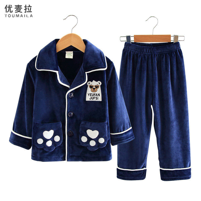 2019 autumn and winter new children's pajamas flannel thickened suit boys medium and big children coral fleece home clothes