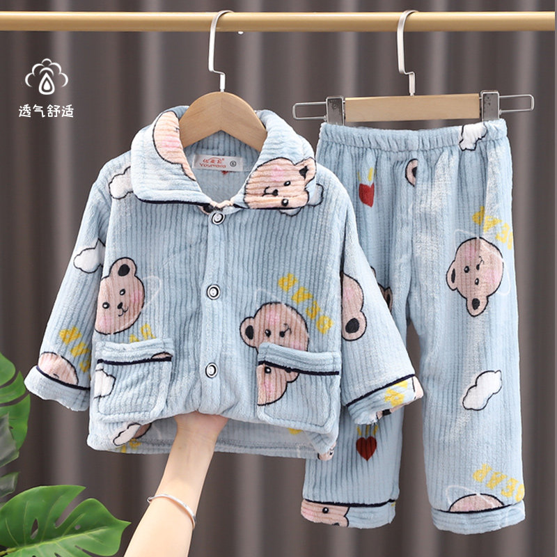 Children's pajamas girls flannel boys autumn and winter thickened coral fleece big children's warm suit baby home clothes
