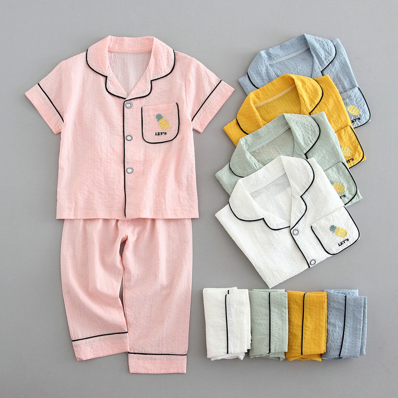 Summer children's pajamas cotton yarn short-sleeved trousers boys and girls baby middle and big children's home clothes cardigan suit thin section