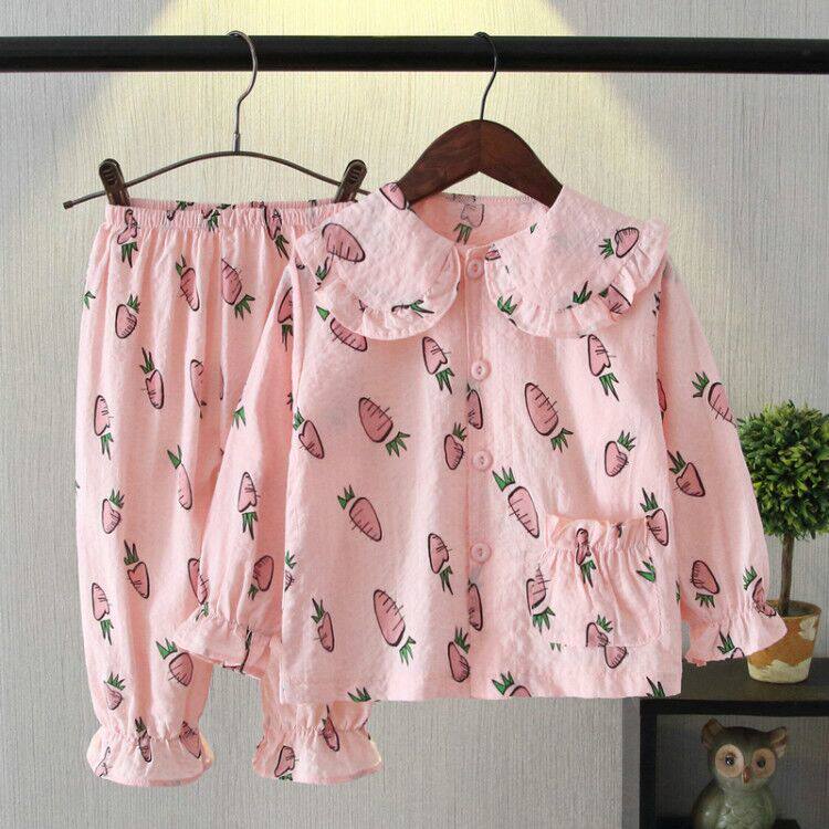 20 spring and summer children's pure cotton yarn pajamas set girl baby long-sleeved cardigan middle and big children thin fashion home clothes