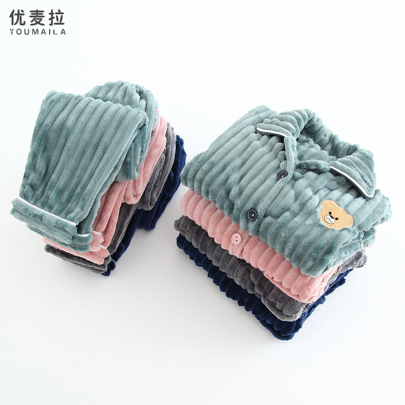 Autumn and winter children's flannel pajamas boy suit thick coral fleece boy warm girl baby home clothes - Taobao