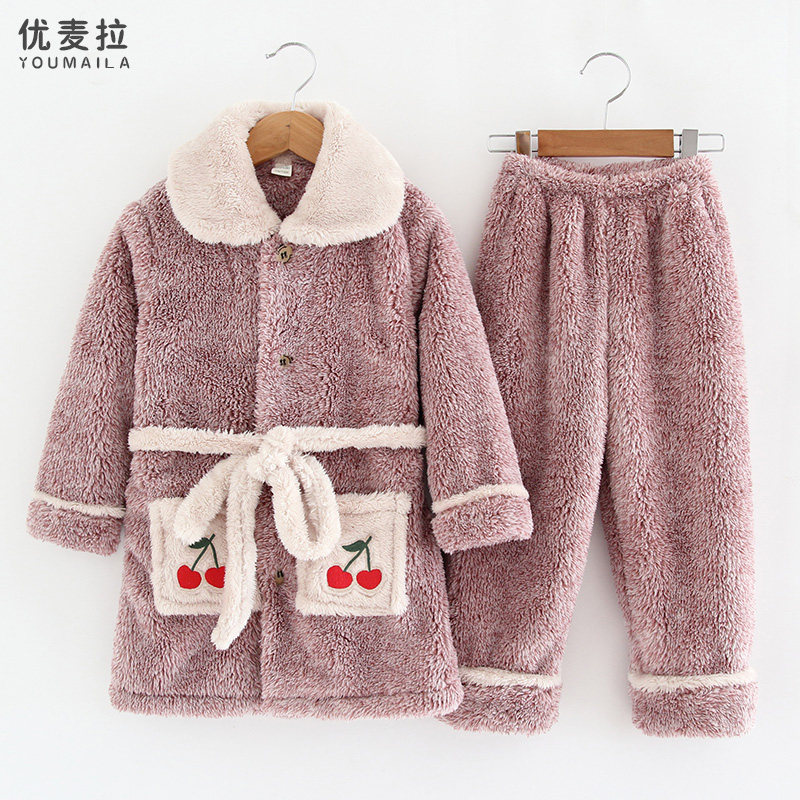 Autumn and winter children's flannel pajamas set thickened cationic mid-length girls' coral fleece home clothes for big children
