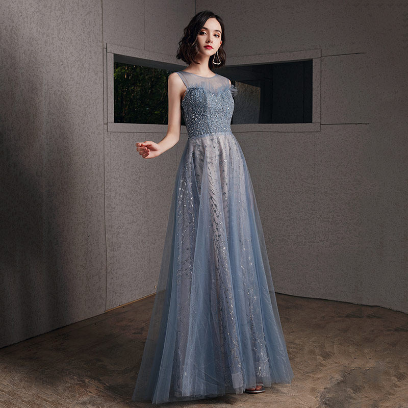 Blue Banquet Evening Dress Lady 2022 New Heavy Work Noble Temperament Starry Birthday Host Performance Gown Dress
