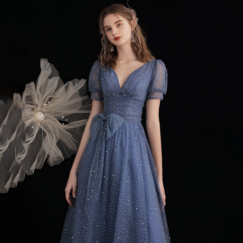 Blue Starry Sky Evening Dress 2022 Summer New Temperament Dream Fairy Air Art can normally be dressed in a toast