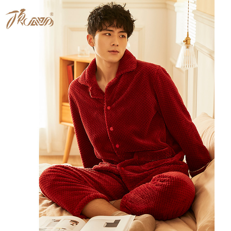 Top melon pajamas men's autumn and winter warm home clothing suit warm flannel simple lapel two-piece suit can be worn outside
