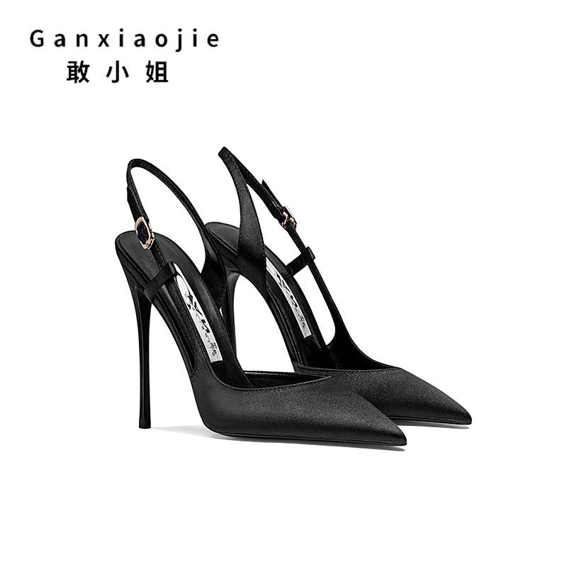 Dare Miss 2022 Outer wearing black satin fine heels with shoe pointed shallow mouth 100 lap Sexy straight strap sandal women