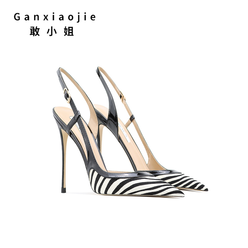 Gan Miss Zebra-Patterned Back-Strap Sandals with Stiletto Heels, Horsehair Genuine Leather, Pointed Toe, Hollow-Out, Single Strap, Closed-Toe High Heels for Women