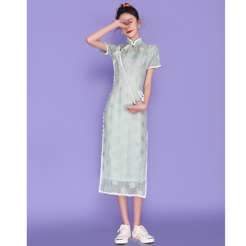 Lightweight cheongsam, long elegant dress, 2020, light style, Chinese style, mid length