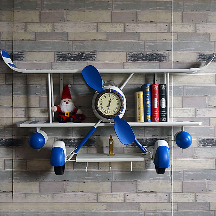 Retro Nostalgia Iron Art Aircraft Model Creative Twin Wing Aircraft Head Shelve Wall Accessories Home Soft-mounted Web Café Hanging Accessories