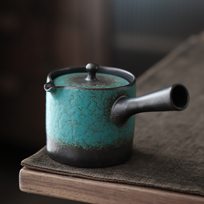 Turquoise glaze retro ceramic kiln variable side pot Kung Fu tea set tea maker Japanese-style household handmade single teapot