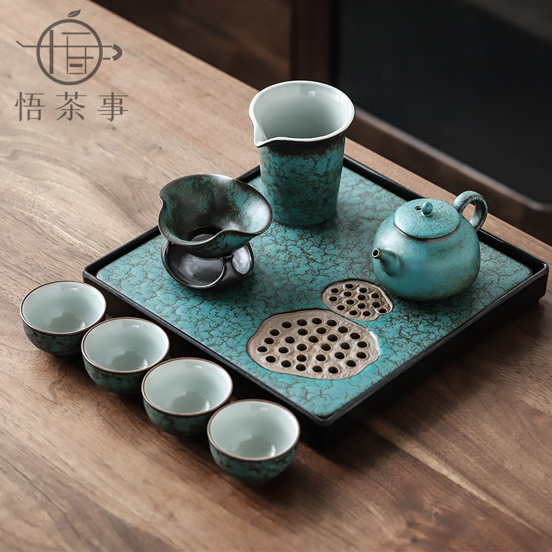 Simple Japanese-style ceramic tea set, turquoise kiln, household kung fu teapot, tea cup and tea tray small set