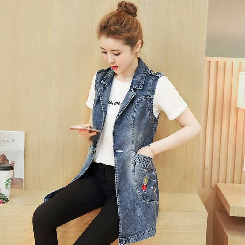 Áo phao nữ size lớn 2019 xuân hè mới thêu áo vest denim nữ dài tay áo vest không tay - Áo vest