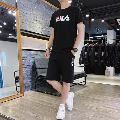 套装男2021夏季男士休闲运动套装印花T恤学生两件套青少年套装潮