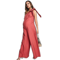 Hong Kong direct mail trendy luxury ASOS womens design maternity wear knotted collar one-shoulder linen brick red jumpsuit