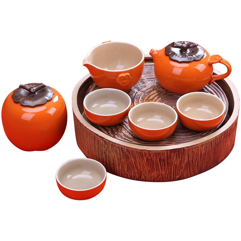 Brand to implement creative kung fu tea set ceramic persimmon teapot teacup portable package travel a pot of four cups of gift boxes