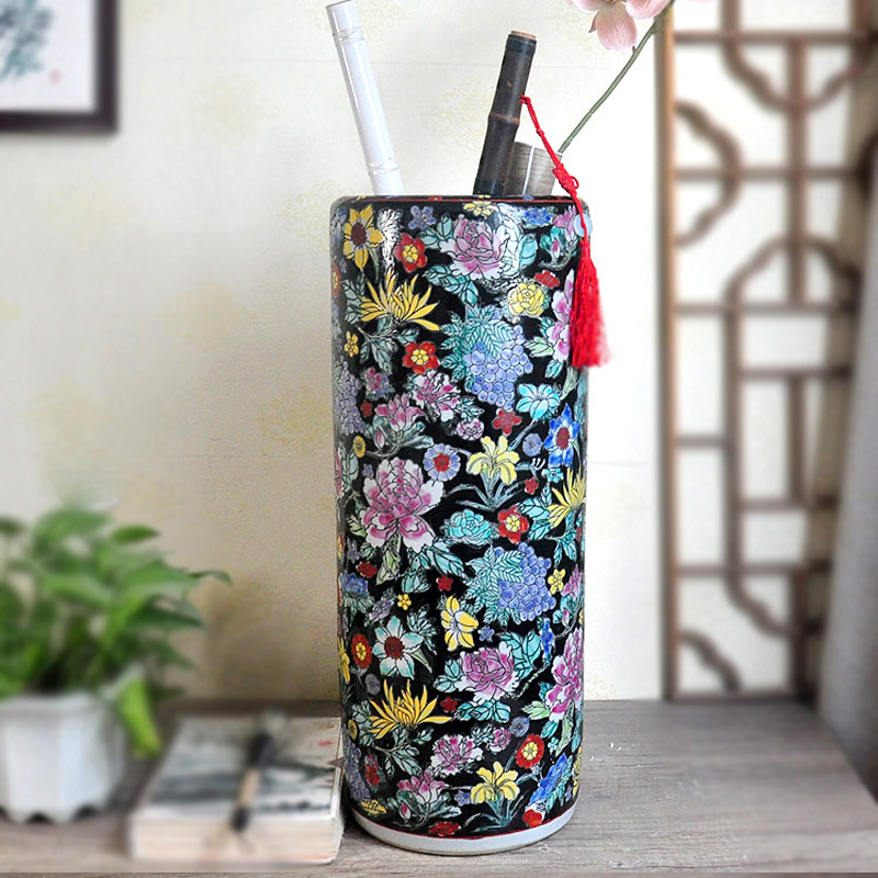 Antique scroll cylinder glaze hand-painted pastel Jingdezhen ceramics painting and calligraphy cylinder living room home floor painting and calligraphy bottle