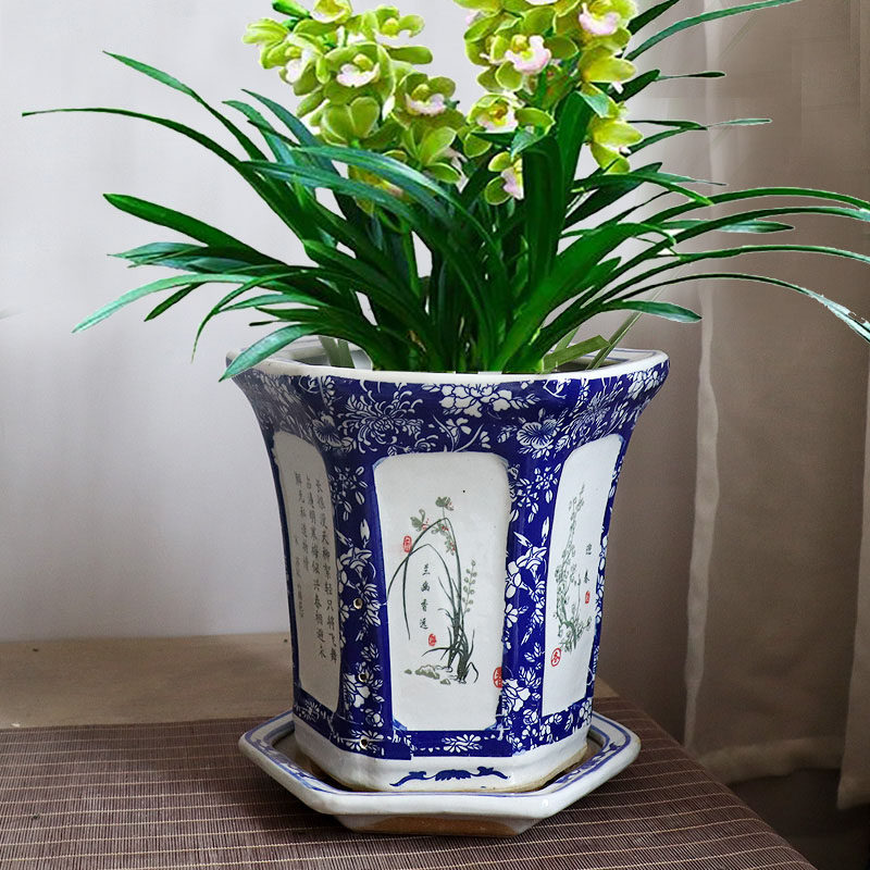 Jingdezhen ceramic flower pot blue and white porcelain flower bowl high foot new Chinese classical soft decoration tree pot Meilan bamboo chrysanthemum with tray