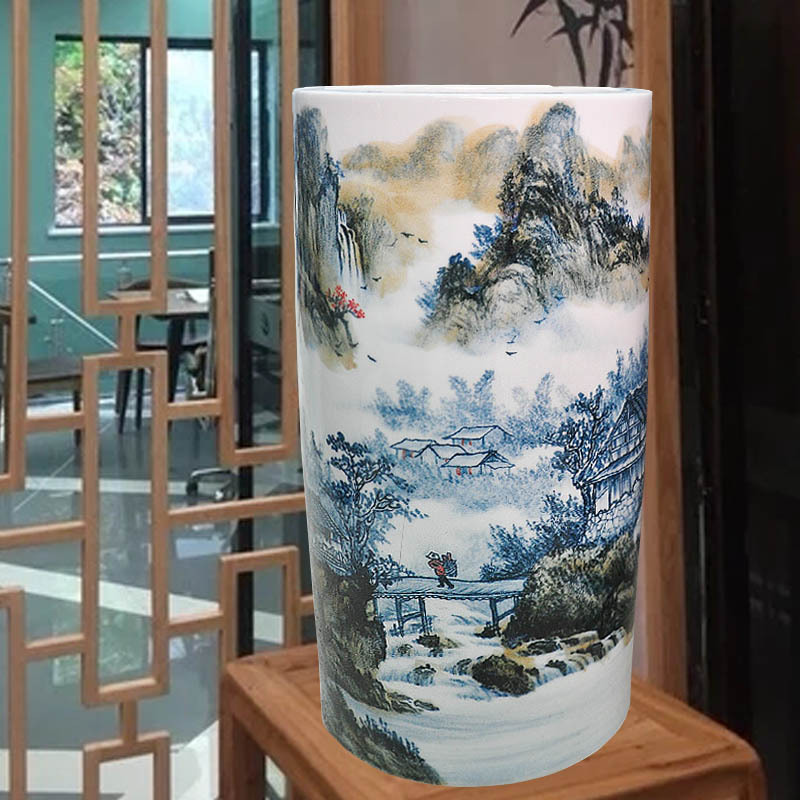 Master Hand painted with certificate Jingdezhen Ceramic Calligraphy And Painting Barrel Scroll Cylinder Straight Barrel Book House Character Painting Containing Process Gift Hem