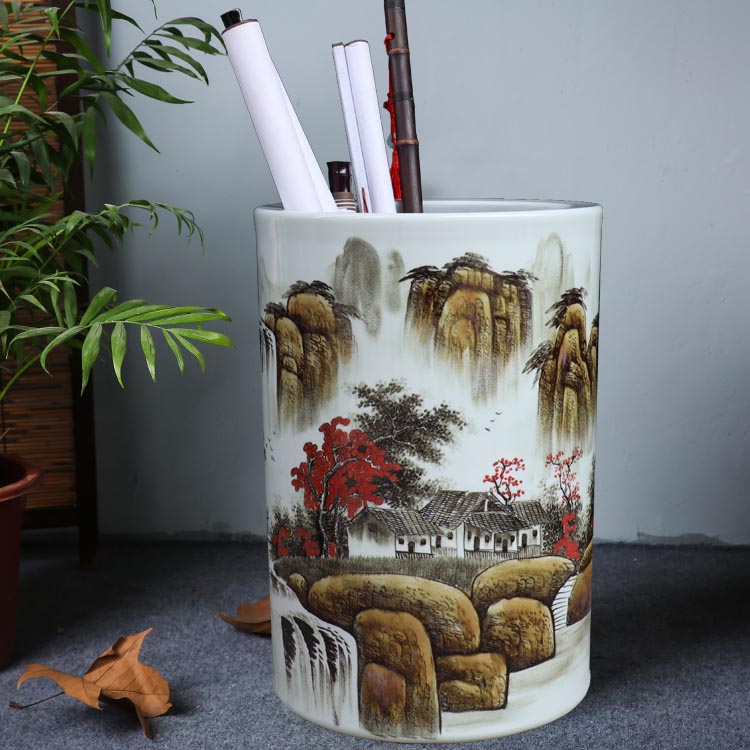 Famous Master's hand painted Jingdezhen Ceramic Arrow cylinder Calligraphy And Painting Cylinder Scroll Cylinder Calligraphy painting Book Room Home Decoration Advanced Antique