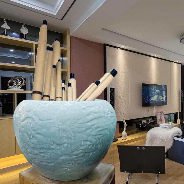 Ceramic cornucopia goldfish tank hand-painted carving shadow green painting and calligraphy barrel scroll cylinder floor-to-ceiling study ornaments