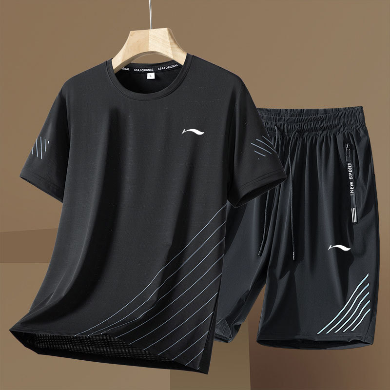 Summer Ice Silk T-Shirt Sports Suit for Men, Fitness Short-Sleeved Quick-Drying Clothes, Running Loose Casual Sportswear, Large Size