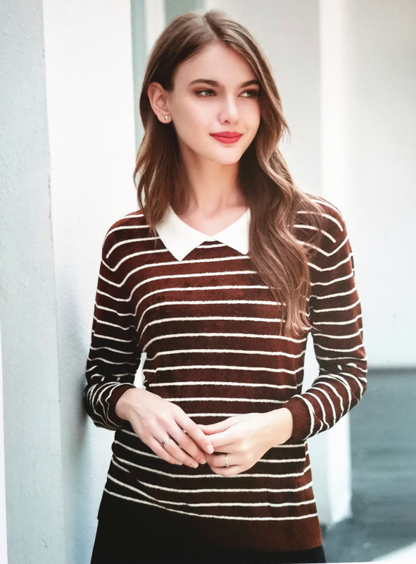 Yaqisha Centipede Velvet Sweater with Small Turn-Down Collar, Classic Stripes, Warm, High Elasticity, Thin Style, Machine Washable