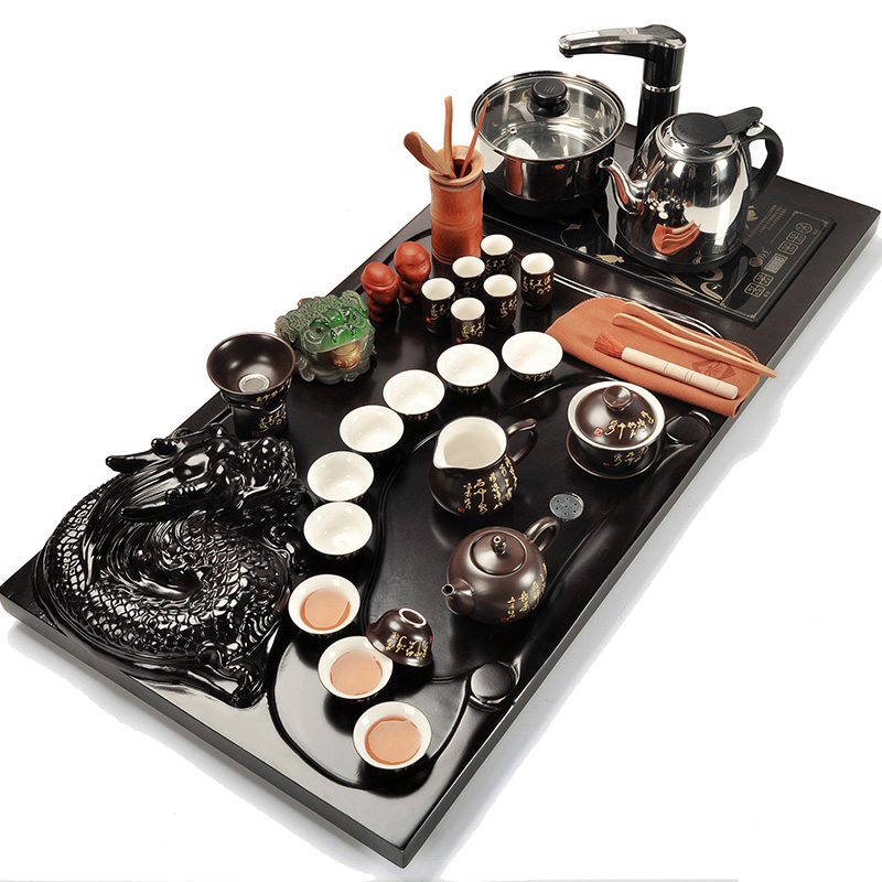A complete set of tea set purple ceramic ice crack kung fu tea set automatic water tea tray tea family contracted