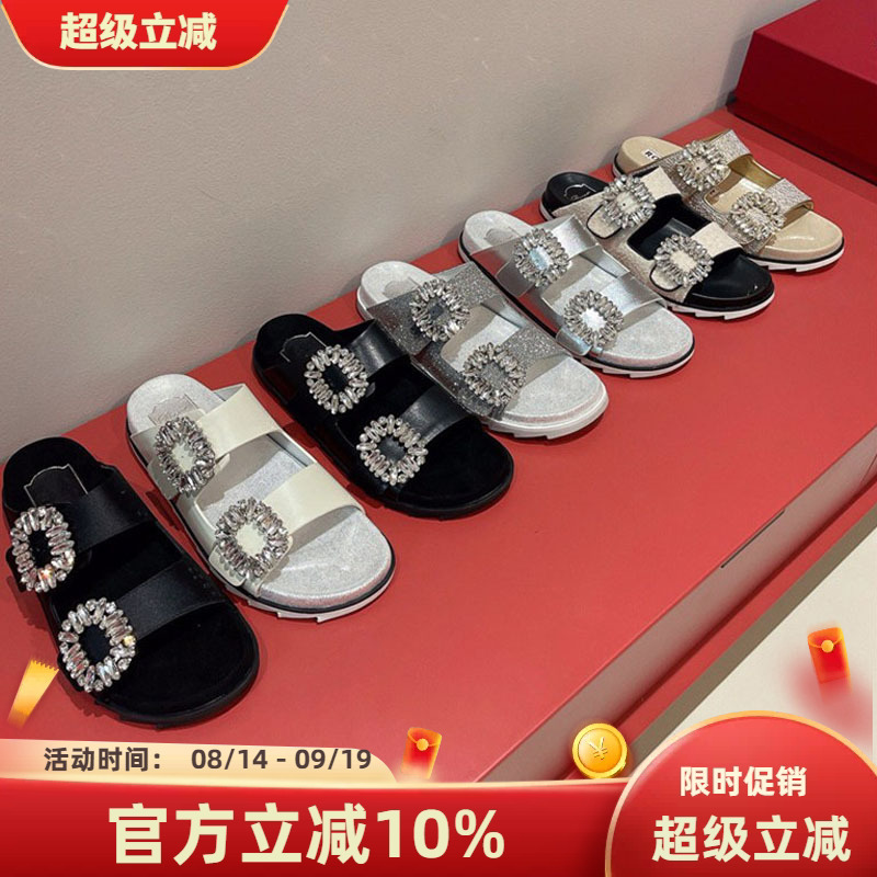 Rv.Mb.Cl.Jc Rhinestone Roman Sandals for Women 2026 Summer Double Rhinestone Buckle Thick-Soled Casual Half-Slippers Beach Shoes