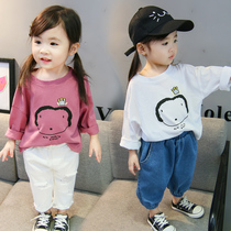 Girl Long Sleeve T-shirt Spring Autumn Clothing Baby Foreign Air Casual Loose White Jersey Undershirt Children Pure Cotton Cartoon Blouse